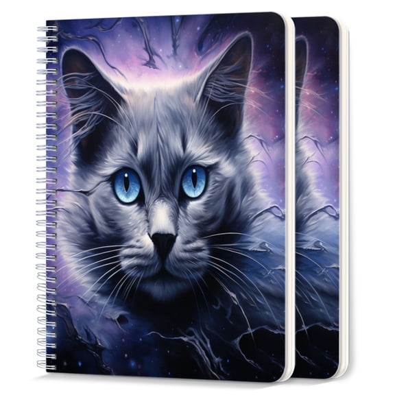 Spiral Notebook,College Ruled Journal,8.26" x 5.71" 50 Sheets/100 Pages,2 Pack - Majestic Cat With Blue Eyes Set Against Stars And Galaxies