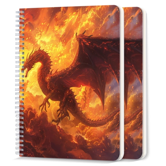 Spiral Notebook,College Ruled Journal,8.26" x 5.71" 50 Sheets/100 Pages,2 Pack - Majestic Dragon Soaring Through The Fiery Skies