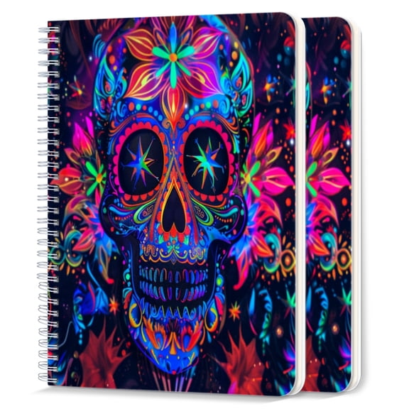 Spiral Notebook,College Ruled Journal,8.26" x 5.71" 50 Sheets/100 Pages,2 Pack - Mexican Skull With Neon Colors
