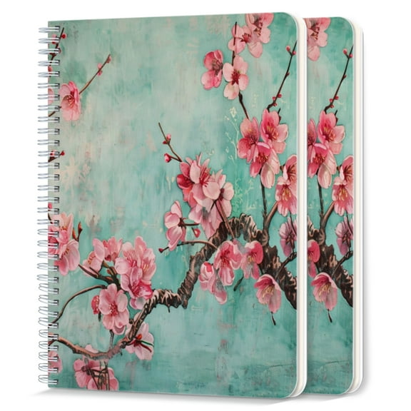 Spiral Notebook,College Ruled Journal,8.26" x 5.71" 50 Sheets/100 Pages,2 Pack - Mint Green Background With Pink Peach Blossoms