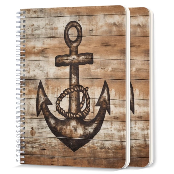 Spiral Notebook,College Ruled Journal,8.26" x 5.71" 50 Sheets/100 Pages,2 Pack - Nautical Anchor on Distressed Wood