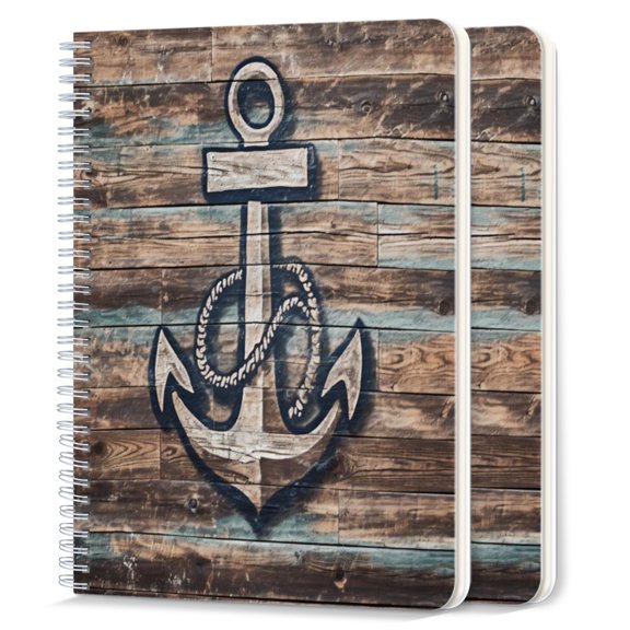 Spiral Notebook,College Ruled Journal,8.26" x 5.71" 50 Sheets/100 Pages,2 Pack - Nautical Wooden Background With Anchor