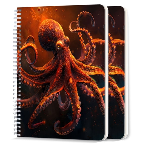 Spiral Notebook,College Ruled Journal,8.26" x 5.71" 50 Sheets/100 Pages,2 Pack - Octopus With Tentacles Glowing Orange Floating in Space