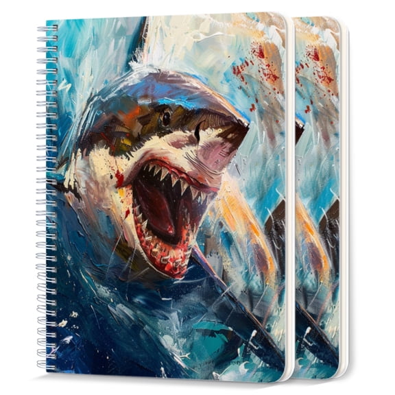 Spiral Notebook,College Ruled Journal,8.26" x 5.71" 50 Sheets/100 Pages,2 Pack - Oil Painting of Great White Shark With Open Mouth And Bared Teeth