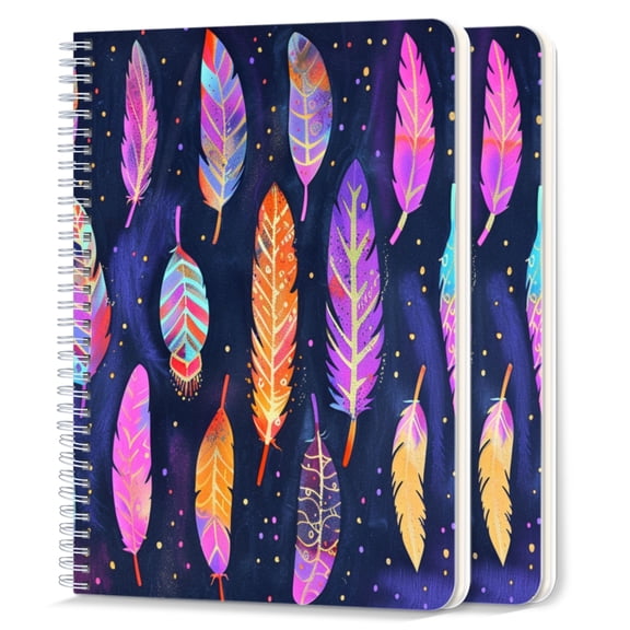 Spiral Notebook,College Ruled Journal,8.26" x 5.71" 50 Sheets/100 Pages,2 Pack - Pattern of Colorful Feathers With Boho Patterns