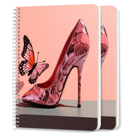 Spiral Notebook,College Ruled Journal,8.26" x 5.71" 50 Sheets/100 Pages,2 Pack - Pink High-Heeled Shoe Made of Crystal With Butterfly Print