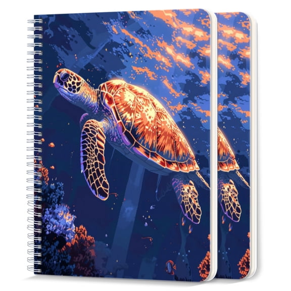 Spiral Notebook,College Ruled Journal,8.26" x 5.71" 50 Sheets/100 Pages,2 Pack - Pixel Art of Sea Turtle Swimming in The Ocean