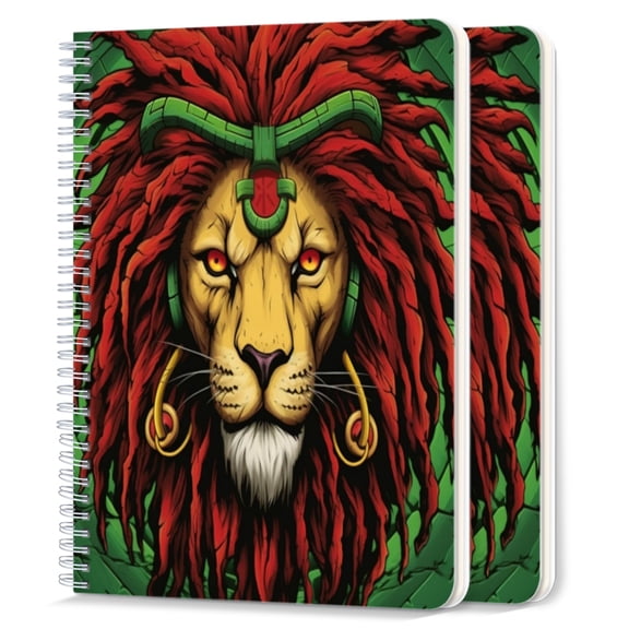Spiral Notebook,College Ruled Journal,8.26" x 5.71" 50 Sheets/100 Pages,2 Pack - Rasta Lion With Dreadlocks And Green Headband