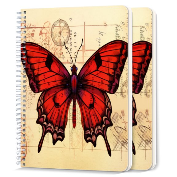 Spiral Notebook,College Ruled Journal,8.26" x 5.71" 50 Sheets/100 Pages,2 Pack - Red Butterfly on Vintage Maps Background