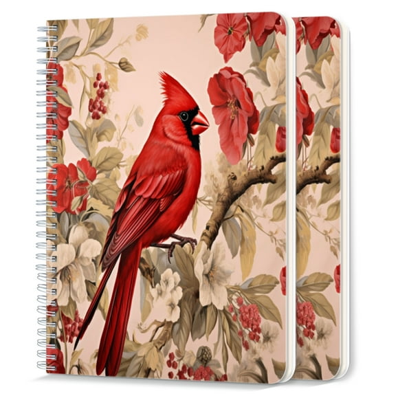 Spiral Notebook,College Ruled Journal,8.26" x 5.71" 50 Sheets/100 Pages,2 Pack - Red Cardinal Bird Perched on Elegant Floral Patterned