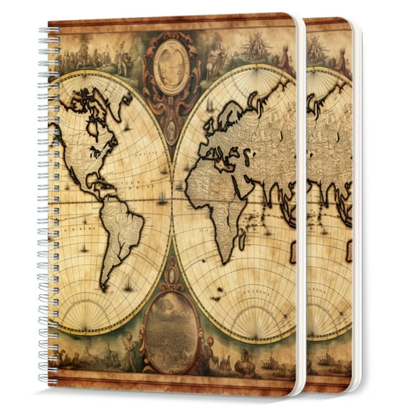 Spiral Notebook,College Ruled Journal,8.26" x 5.71" 50 Sheets/100 Pages,2 Pack - Retro World Map With Decorative Borders And Aged Paper Texture