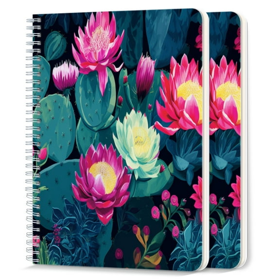 Spiral Notebook,College Ruled Journal,8.26" x 5.71" 50 Sheets/100 Pages,2 Pack - Seamless Pattern With Digital Illustration of Cacti And Lotus