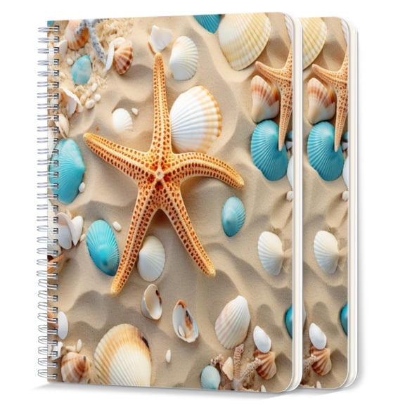 Spiral Notebook,College Ruled Journal,8.26" x 5.71" 50 Sheets/100 Pages,2 Pack - Seashells And Starfish on Sandy Background With Blue Shells