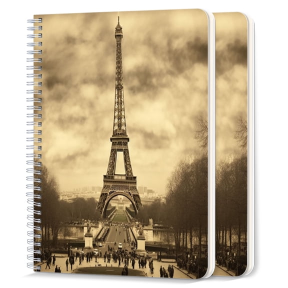 Spiral Notebook,College Ruled Journal,8.26" x 5.71" 50 Sheets/100 Pages,2 Pack - Sepia-Toned Photograph Captures The Eiffel tower in Paris