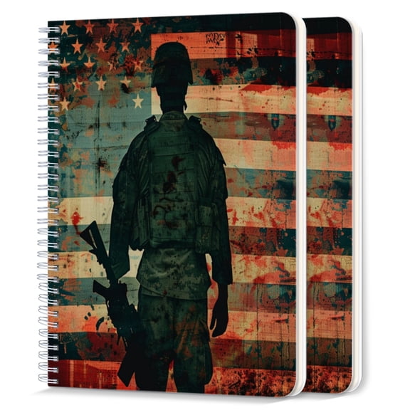Spiral Notebook,College Ruled Journal,8.26" x 5.71" 50 Sheets/100 Pages,2 Pack - Silhouette of Soldier With The American Flag