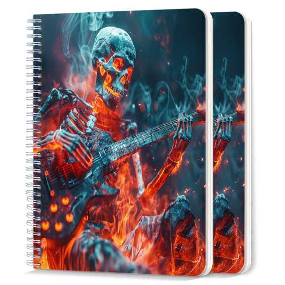 Spiral Notebook,College Ruled Journal,8.26" x 5.71" 50 Sheets/100 Pages,2 Pack - Skeletal Figure Playing Guitar Flames