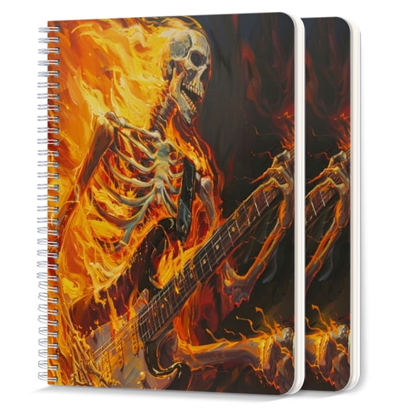 Spiral Notebook,College Ruled Journal,8.26" x 5.71" 50 Sheets/100 Pages,2 Pack - Skeleton Playing Electric Guitar Engulfed in Flames
