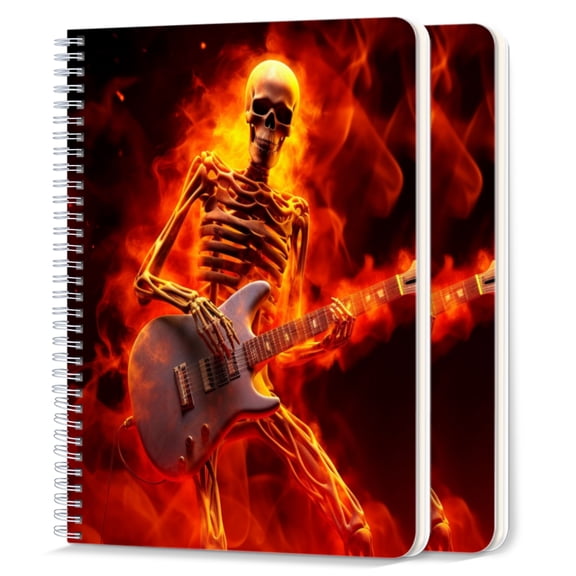 Spiral Notebook,College Ruled Journal,8.26" x 5.71" 50 Sheets/100 Pages,2 Pack - Skeleton Playing Electric Guitar With Flames Surrounding