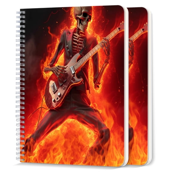 Spiral Notebook,College Ruled Journal,8.26" x 5.71" 50 Sheets/100 Pages,2 Pack - Skeleton Playing Electric Guitar in The Style of Flames