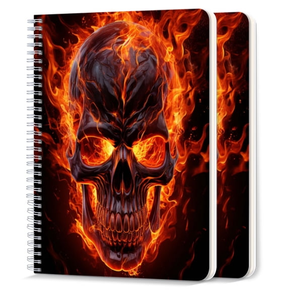 Spiral Notebook,College Ruled Journal,8.26" x 5.71" 50 Sheets/100 Pages,2 Pack - Skull Engulfed in Flames With Eyes Burning