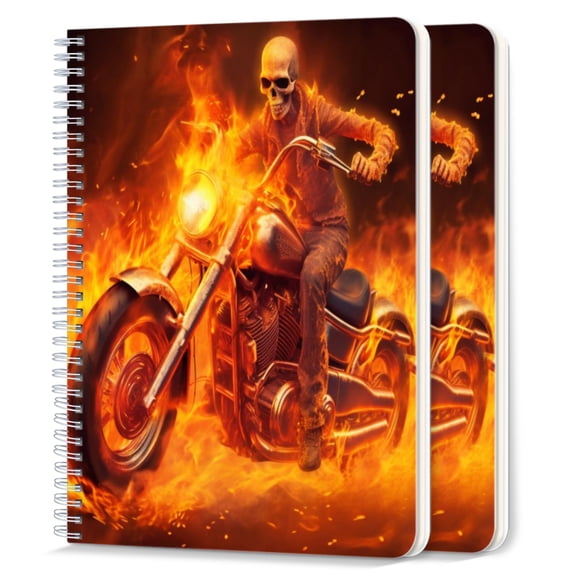 Spiral Notebook,College Ruled Journal,8.26" x 5.71" 50 Sheets/100 Pages,2 Pack - Skull Riding on Fiery Motorcycle