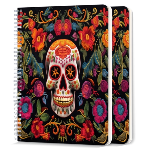 Spiral Notebook,College Ruled Journal,8.26" x 5.71" 50 Sheets/100 Pages,2 Pack - Skull Surrounded By Colorful Mexican Floral Patterns
