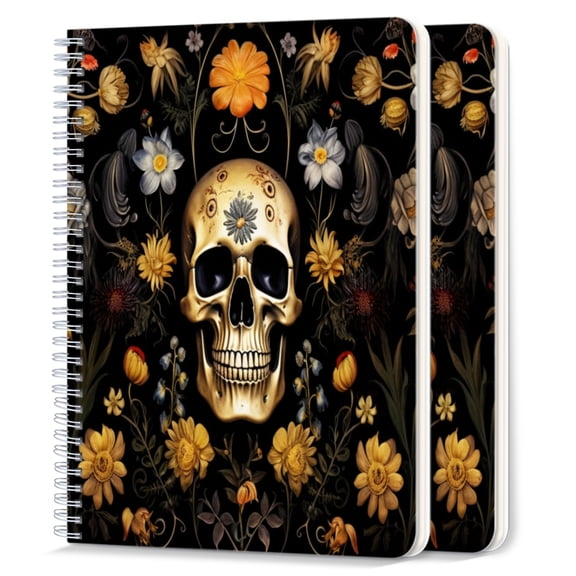 Spiral Notebook,College Ruled Journal,8.26" x 5.71" 50 Sheets/100 Pages,2 Pack - Skull Surrounded By Flowers Against Black Background