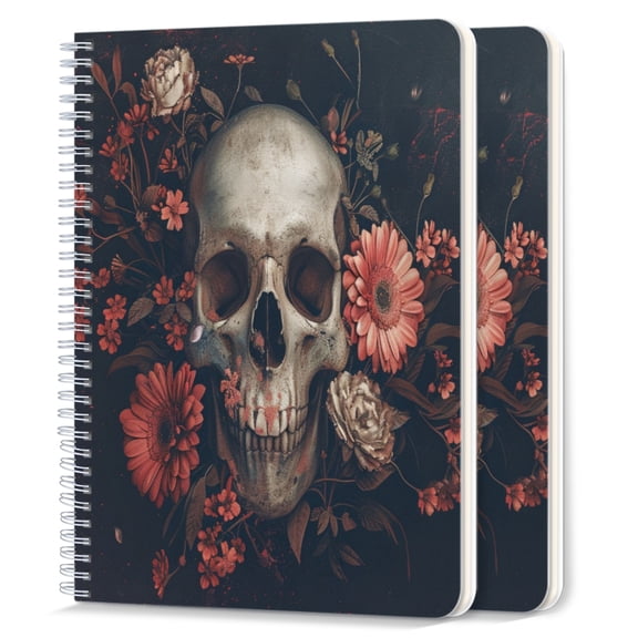 Spiral Notebook,College Ruled Journal,8.26" x 5.71" 50 Sheets/100 Pages,2 Pack - Skull Surrounded By Flowers Dark Background