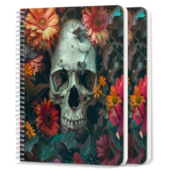 Spiral Notebook,College Ruled Journal,8.26" x 5.71" 50 Sheets/100 Pages,2 Pack - Skull Surrounded By Vibrant Flowers Creating Eerie Yet