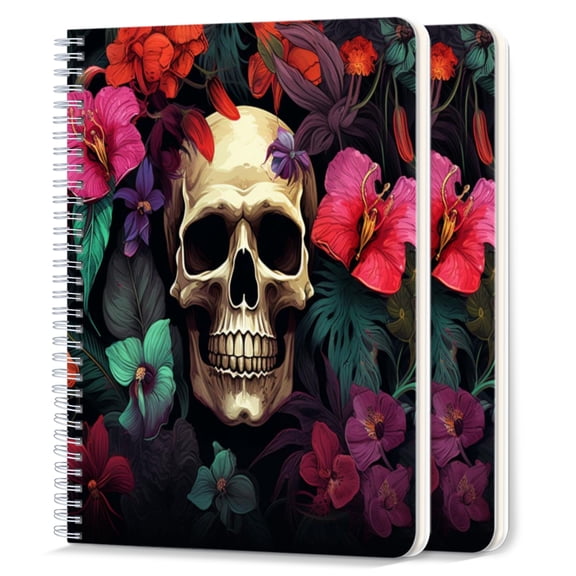 Spiral Notebook,College Ruled Journal,8.26" x 5.71" 50 Sheets/100 Pages,2 Pack - Skull Surrounded By Vibrant Flowers