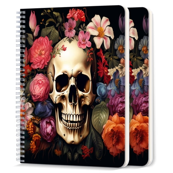 Spiral Notebook,College Ruled Journal,8.26" x 5.71" 50 Sheets/100 Pages,2 Pack - Skull Surrounded By Vibrant Flowers