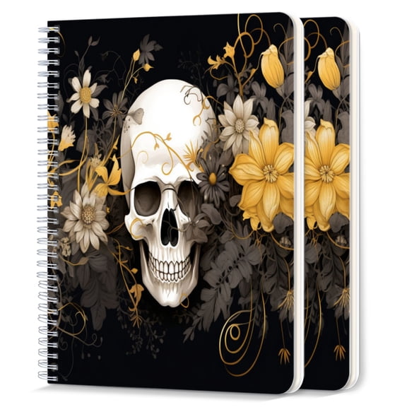 Spiral Notebook,College Ruled Journal,8.26" x 5.71" 50 Sheets/100 Pages,2 Pack - Skull Surrounded By Yellow And White Flowers