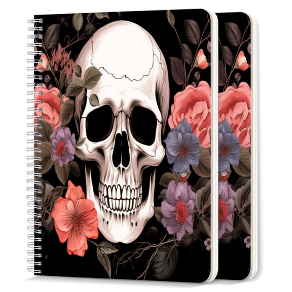 Spiral Notebook,College Ruled Journal,8.26" x 5.71" 50 Sheets/100 Pages,2 Pack - Skull With Flowers