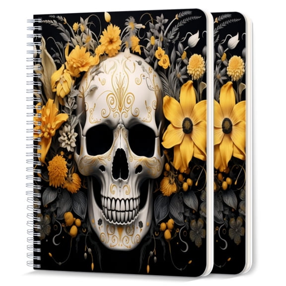 Spiral Notebook,College Ruled Journal,8.26" x 5.71" 50 Sheets/100 Pages,2 Pack - Skull With Yellow Flowers And Gray Leaves