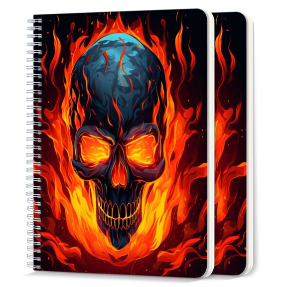 Spiral Notebook,College Ruled Journal,8.26" x 5.71" 50 Sheets/100 Pages,2 Pack - Skull on Fire With Cartoon Style