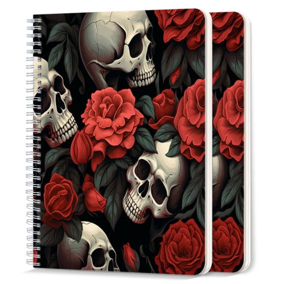 Spiral Notebook,College Ruled Journal,8.26" x 5.71" 50 Sheets/100 Pages,2 Pack - Skulls And Red Roses in The Style of Vector Art