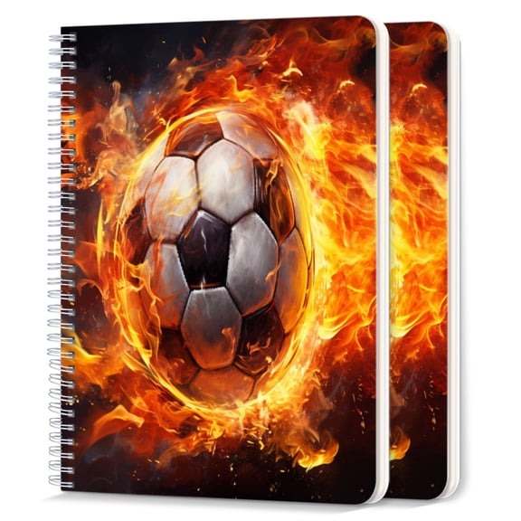 Spiral Notebook,College Ruled Journal,8.26" x 5.71" 50 Sheets/100 Pages,2 Pack - Soccer Ball Engulfed in Flames