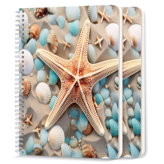 Spiral Notebook,College Ruled Journal,8.26" x 5.71" 50 Sheets/100 Pages,2 Pack - Starfish And Seashells Scattered on The Sandy Beach