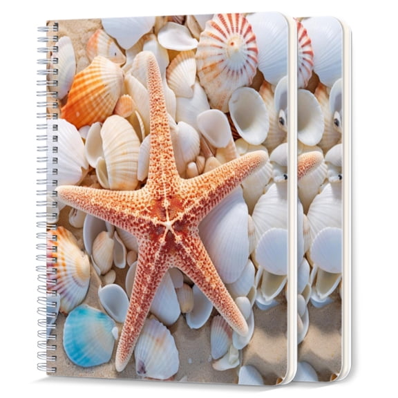 Spiral Notebook,College Ruled Journal,8.26" x 5.71" 50 Sheets/100 Pages,2 Pack - Starfish Surrounded By Seashells on The Sandy Beach
