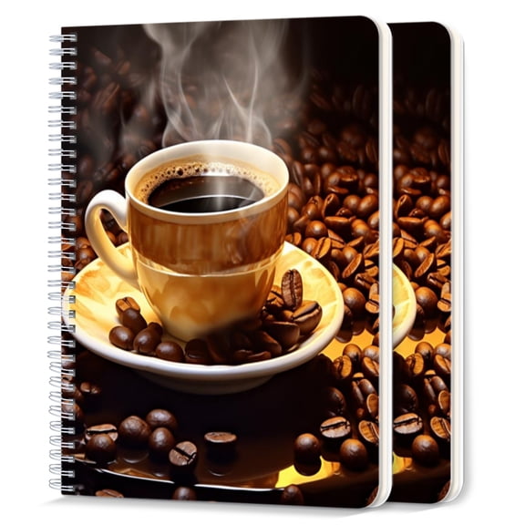 Spiral Notebook,College Ruled Journal,8.26" x 5.71" 50 Sheets/100 Pages,2 Pack - Steaming Cup of Coffee Surrounded By Scattered Beans