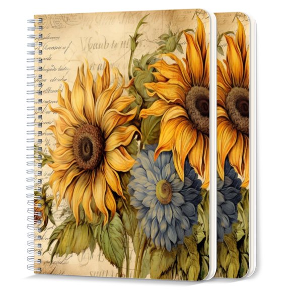 Spiral Notebook,College Ruled Journal,8.26" x 5.71" 50 Sheets/100 Pages,2 Pack - Sunflowers And Blue Chrysanthemums on Vintage Script Background