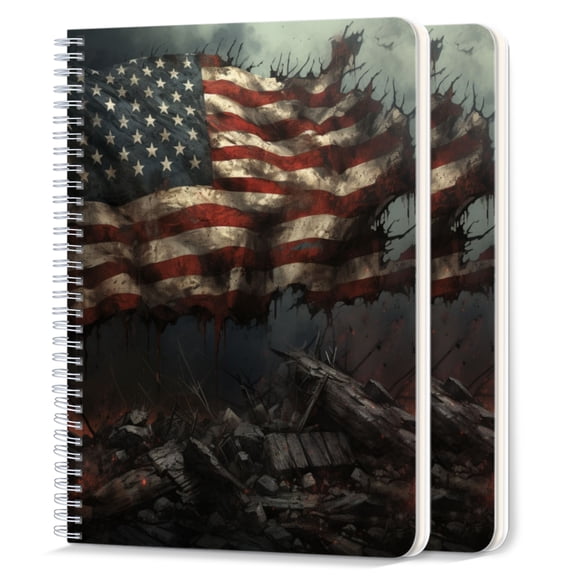 Spiral Notebook,College Ruled Journal,8.26" x 5.71" 50 Sheets/100 Pages,2 Pack - The American Flag Atop A Pile of Rubble And torn And Destroyed