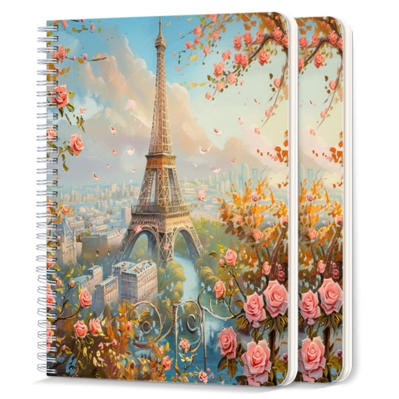 Spiral Notebook,College Ruled Journal,8.26" x 5.71" 50 Sheets/100 Pages,2 Pack - The Eiffel tower Surrounded By Roses in Shades of Pink