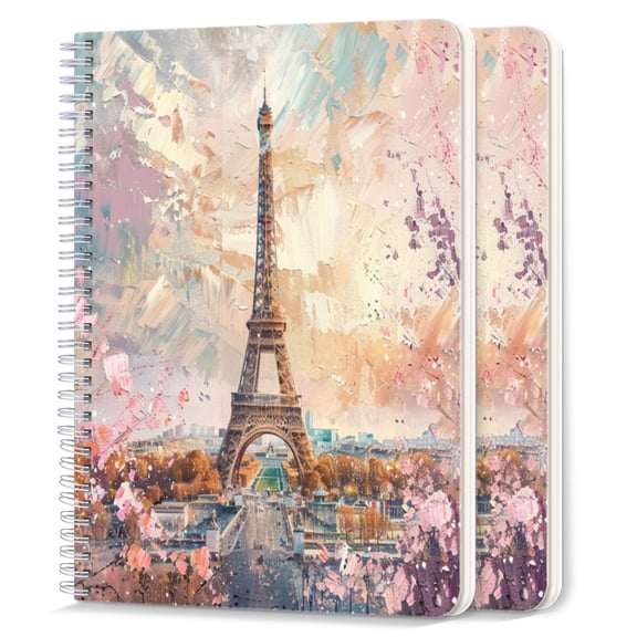 Spiral Notebook,College Ruled Journal,8.26" x 5.71" 50 Sheets/100 Pages,2 Pack - The Eiffel tower in Paris And Surrounded By Blooming Cherry Blossoms