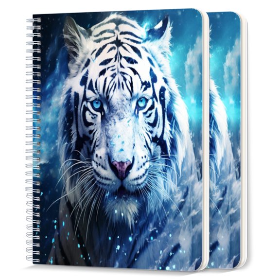 Spiral Notebook,College Ruled Journal,8.26" x 5.71" 50 Sheets/100 Pages,2 Pack - Tiger Vector Graffiti Style Blue Splashes With Angry Expression