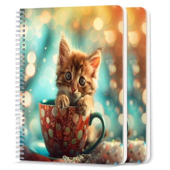 Spiral Notebook,College Ruled Journal,8.26" x 5.71" 50 Sheets/100 Pages,2 Pack - Tiny Kitten Sits in Ornate Polka-Dotted Coffee Cup