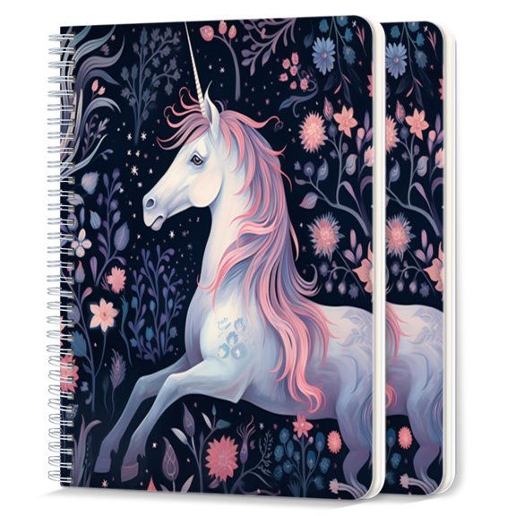 Spiral Notebook,College Ruled Journal,8.26" x 5.71" 50 Sheets/100 Pages,2 Pack - Unicorn in Magical Forest With Pink And Blue