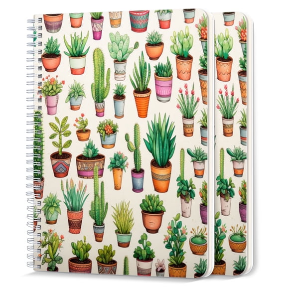 Spiral Notebook,College Ruled Journal,8.26" x 5.71" 50 Sheets/100 Pages,2 Pack - Various Cacti And Succulents in Colorful Pots