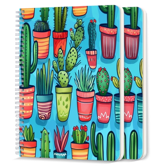 Spiral Notebook,College Ruled Journal,8.26" x 5.71" 50 Sheets/100 Pages,2 Pack - Various Cacti in Pots on Blue Background