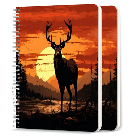 Spiral Notebook,College Ruled Journal,8.26" x 5.71" 50 Sheets/100 Pages,2 Pack - Vector Illustration of Deer Silhouette in The Sunset